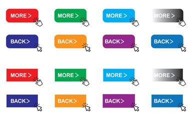 Previous and Next navigation buttons. Prev, next. Web page button for move to the next and previous item in two shapes and different colors. Vector illustration.