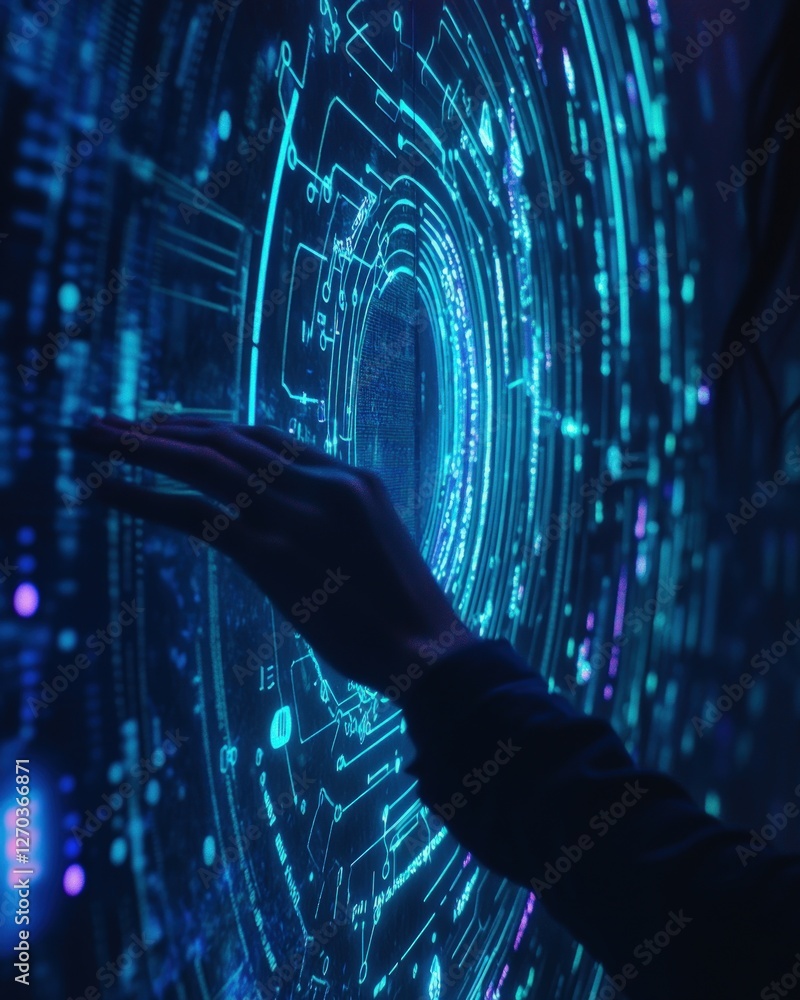 Poster female hand interacting with a bright glowing blue circular technological display with digital patte