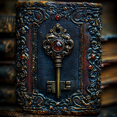 Intricate antique leatherbound book cover featuring an ornate, jeweled key.  A symbol of secrets, knowledge, and hidden treasures, perfect for mystery, fantasy, or historical themes.