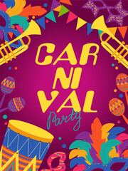 Party Invitation, Festival. Carnival. Colorful banner with drum, trumpets, maracas and feather masks on bright background. Vector flat style illustration