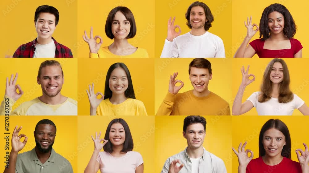 Poster A collection of diverse individuals show the okay gesture, each with unique expressions and styles. The bright yellow background enhances the lively atmosphere, promoting inclusivity and positivity.