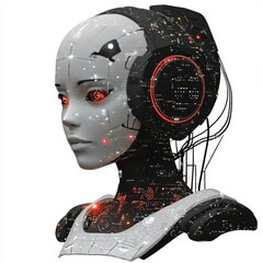 Futuristic Female Cyborg Head with Glowing Circuitry and Headphones - AI Technology Concept