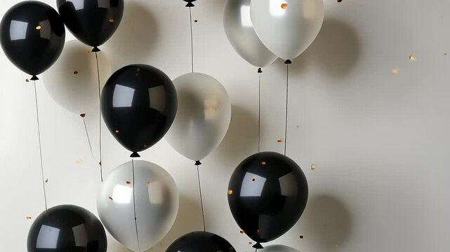 A festive arrangement of black and white balloons with gold confetti on a light background.