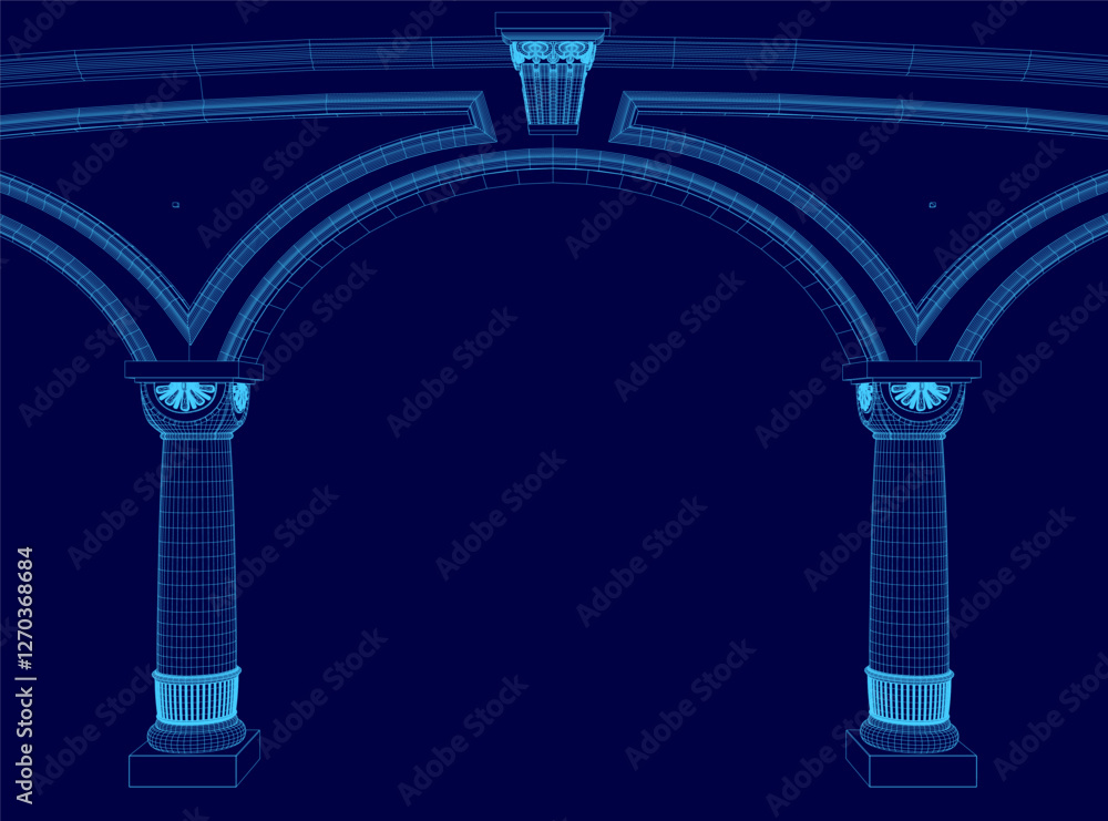 Poster a blue image of a large archway with pillars. the archway is empty and the pillars are tall and slen