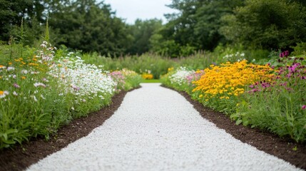 Flower Path in Garden, Summer Day, Peaceful Scene, Outdoor Recreation