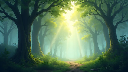 Naklejka premium Misty Forest Morning – A Serene, Foggy Woodland Background with Sunlight Peeking Through Dense Trees