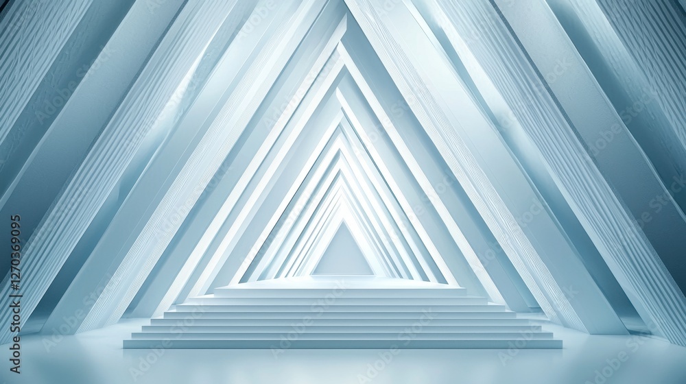 Poster a 3d-rendered abstract background featuring clean white geometric patterns and a soft-lit display po