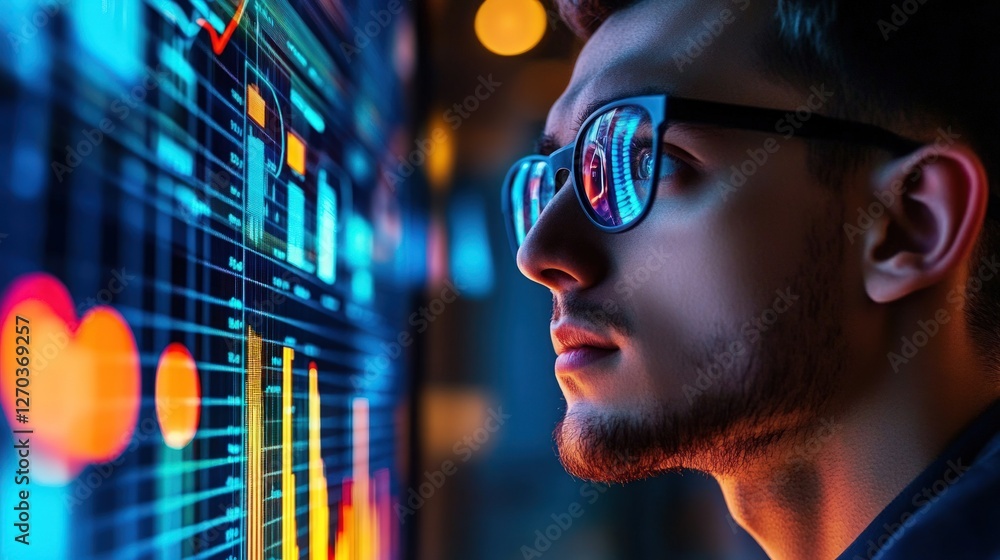 Poster focused man analyzing vibrant data charts on a large screen
