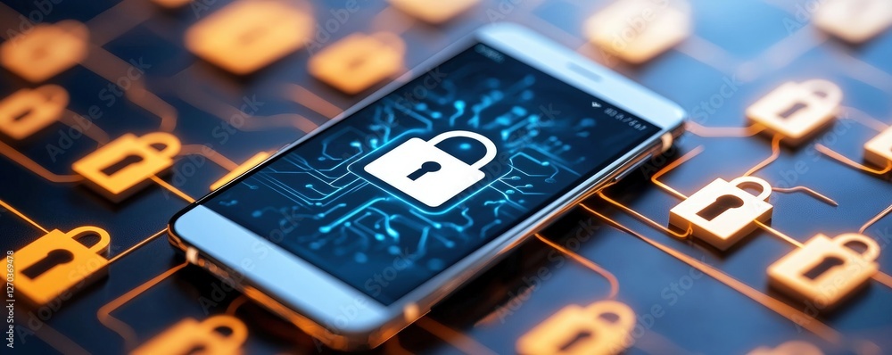 Poster a smartphone displaying a digital lock symbol on a circuit-like background, representing cybersecuri
