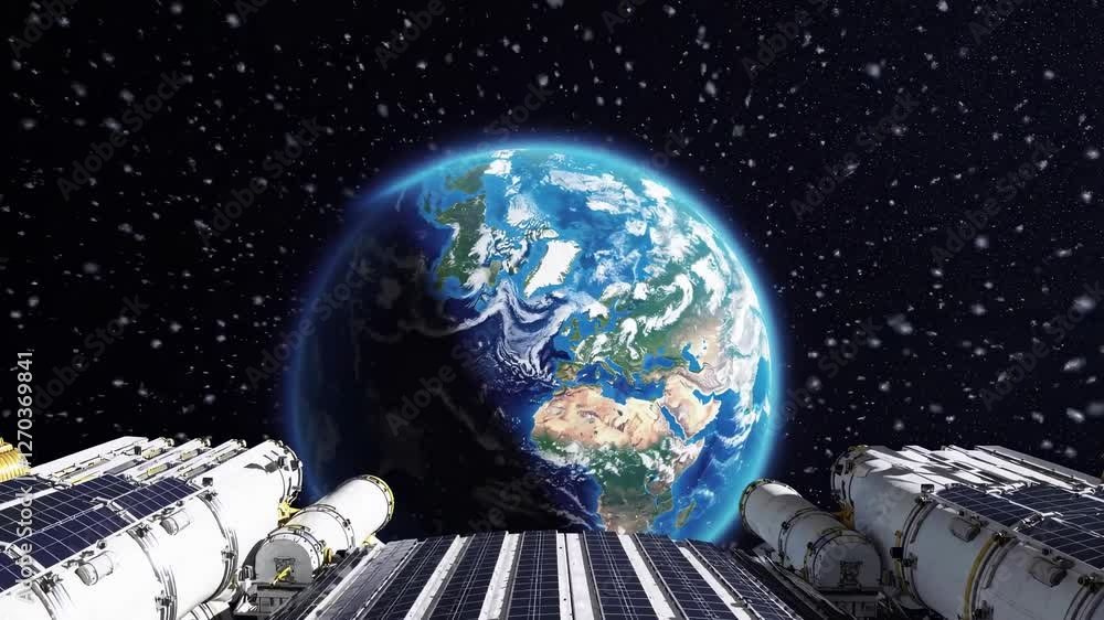 Poster low-angle video shot of a spacecraft in space, capturing the vastness of the universe with a dynamic