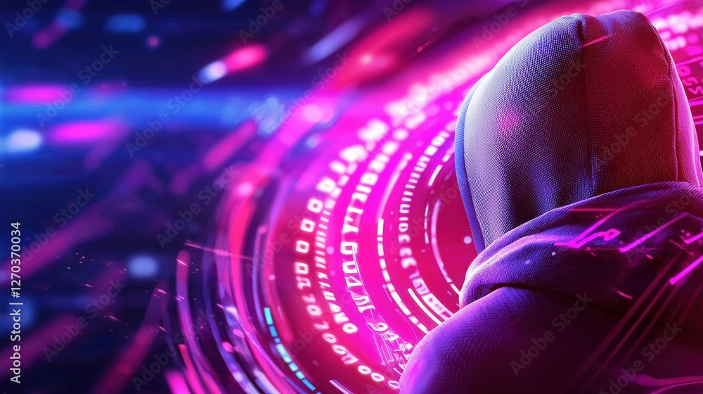 Poster a mysterious figure in a hoodie stands against a vibrant, digital backdrop filled with glowing numbe