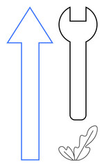 Upward blue arrow, outlined wrench, and leaf sketch. Ideal for growth, engineering, sustainability, nature, progress tools and balance. Simplistic abstract line flat metaphor