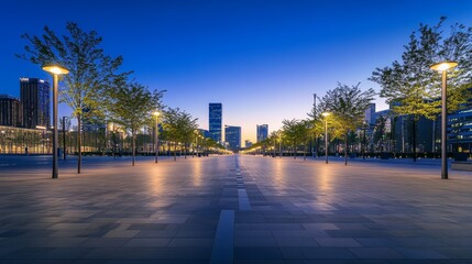 A sleek urban plaza with a skyline illuminated by streetlights at dusk. Featuring peace and quiet