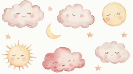 A charming watercolor illustration featuring fluffy smiling clouds, glowing suns, and a cute crescent moon in pastel tones.