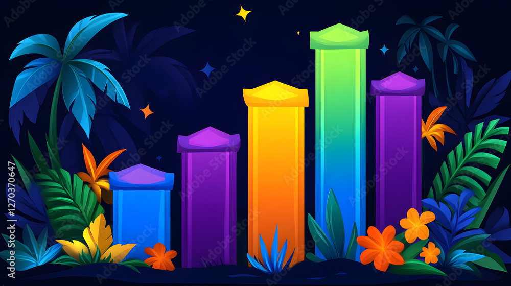 Poster colorful bar graphs displaying data trends in a tropical jungle setting digital art vibrant environm