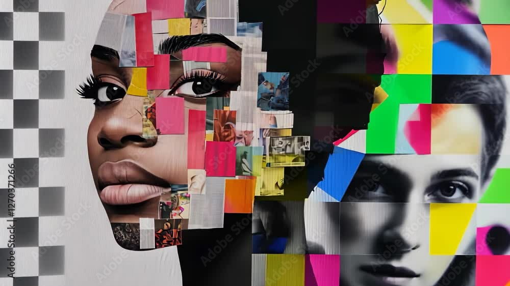 Poster Abstract Face Collage Art with Magazine Cutouts in Elegant and Modern Style Focused on Creative Expression and Mixed Media Design for Diverse Artistic Interpretation and Innovative Crafting Projects