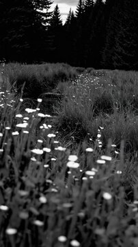 Meadow with flowers, butterflies and summer grasses. Chamomile and other wildflowers at sunset