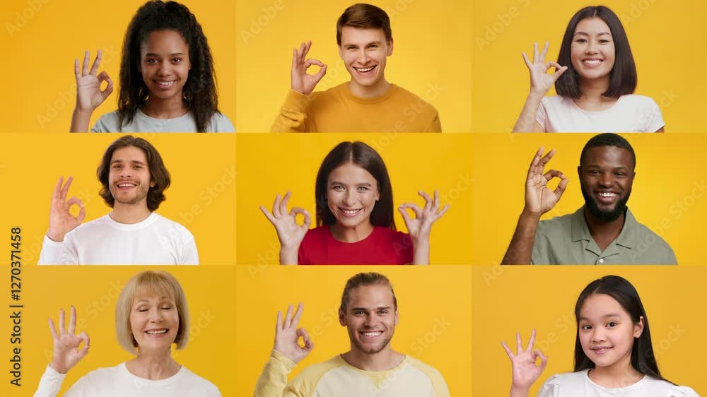 Poster a lively collage of individuals from various backgrounds expressing the okay gesture with their hand