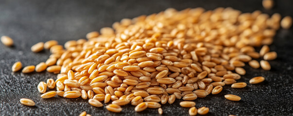 Obraz premium Close up of golden wheat grains scattered on dark surface, showcasing their texture and color. This captures essence of agricultural produce and natural beauty