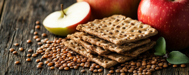 Obraz premium Close up of lentils, apples, and whole grain crackers on wooden surface, showcasing healthy snack arrangement. vibrant colors and textures create inviting atmosphere