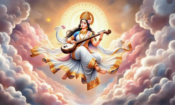 Divine musical performance by goddess saraswati in celestial realm digital art ethereal atmosphere