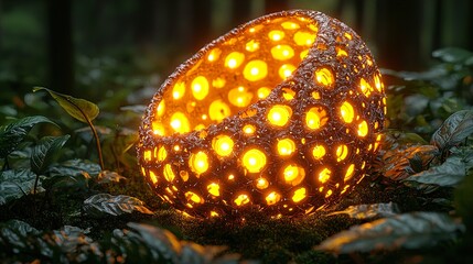 Fototapeta premium Glowing Bionic Entity Immersed in Lush Woodland Backdrop of Luminous Foliage 