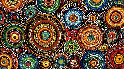 A detailed Australian Indigenous dot painting, filled with bright earthy tones and intricate patterns symbolizing nature and community.