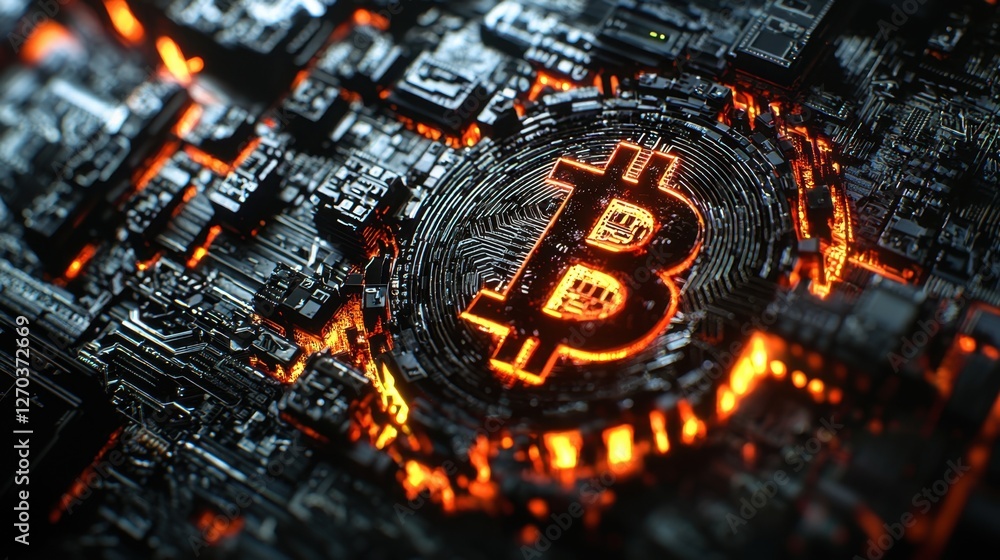 Poster a digital finance-inspired composition featuring a luminous bitcoin logo surrounded by neon reflecti