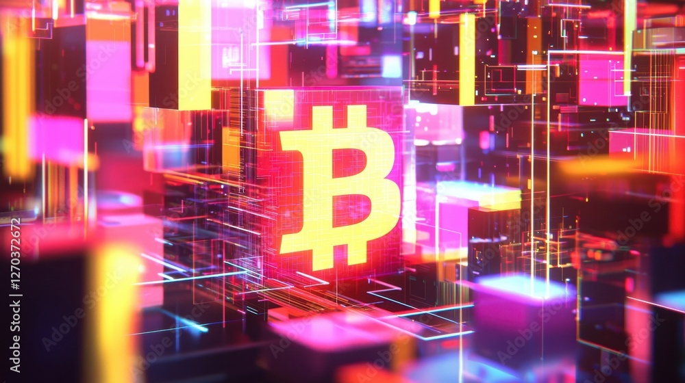 Poster a digital finance-inspired composition featuring a luminous bitcoin logo surrounded by neon reflecti