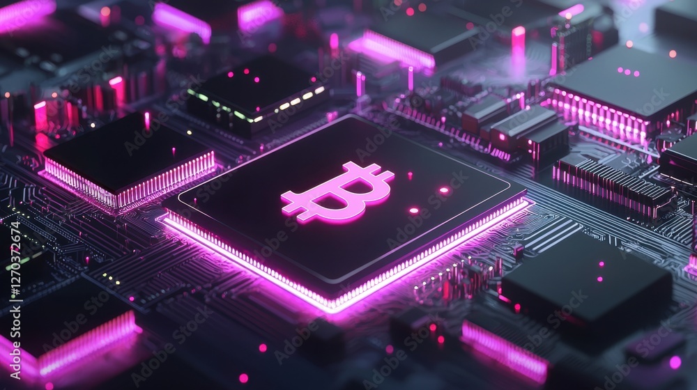 Aufkleber a digital finance-inspired composition featuring a luminous bitcoin logo surrounded by neon reflecti