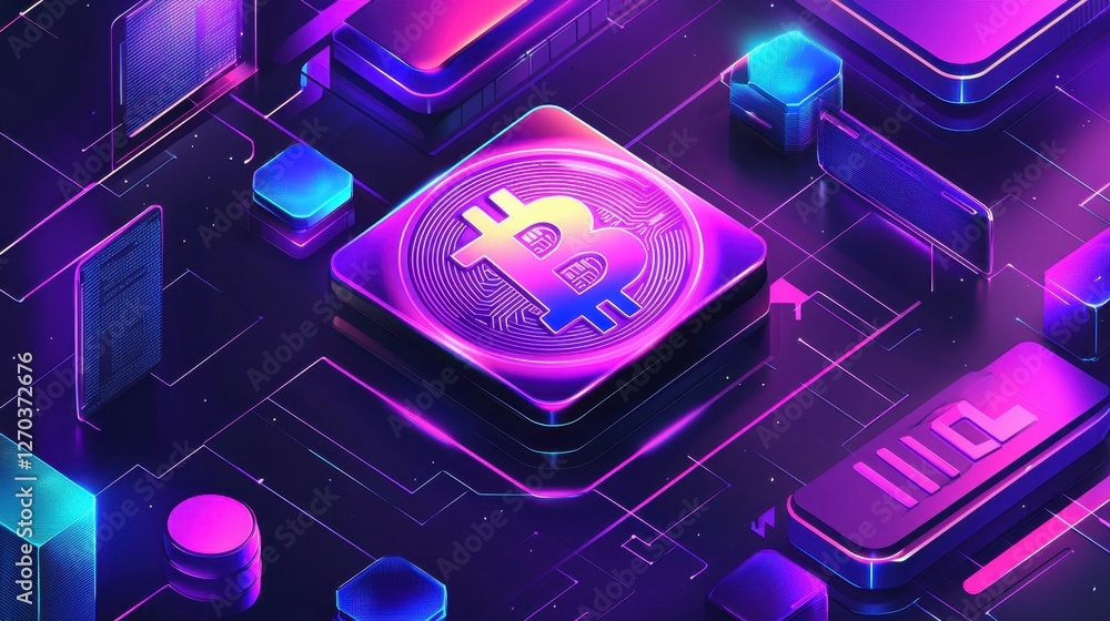 Poster a digital finance-inspired composition featuring a luminous bitcoin logo surrounded by neon reflecti