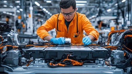 Technician inspecting EV battery pack in factory