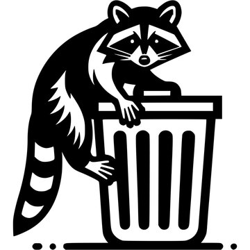 Raccoon climbs into trash can for waste in monochrome. Engraving minimalistic vector in black ink drawing on transparent background