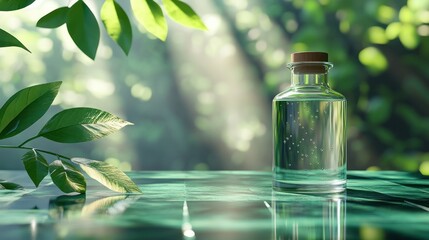 Forest-lit glass bottle, product display, nature backdrop