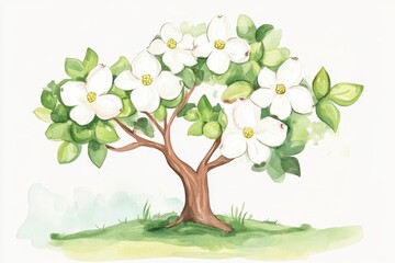 Obraz premium A beautiful watercolor illustration of a flowering tree, showcasing white blossoms and vibrant green leaves against a soft background.