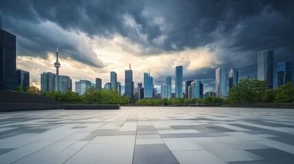 A sleek urban plaza with a skyline under dramatic stormy clouds. Featuring intensity and energy