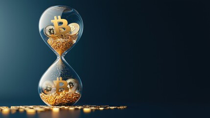 A modern, artistic representation of a sand timer filled with Bitcoin symbols, symbolizing the intersection of