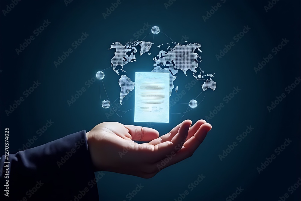 Poster a document floats above a hand against a networked world map backdrop