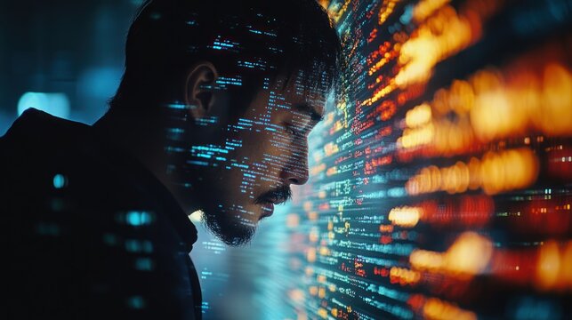 Programmer stressed, city night, code wall, burnout