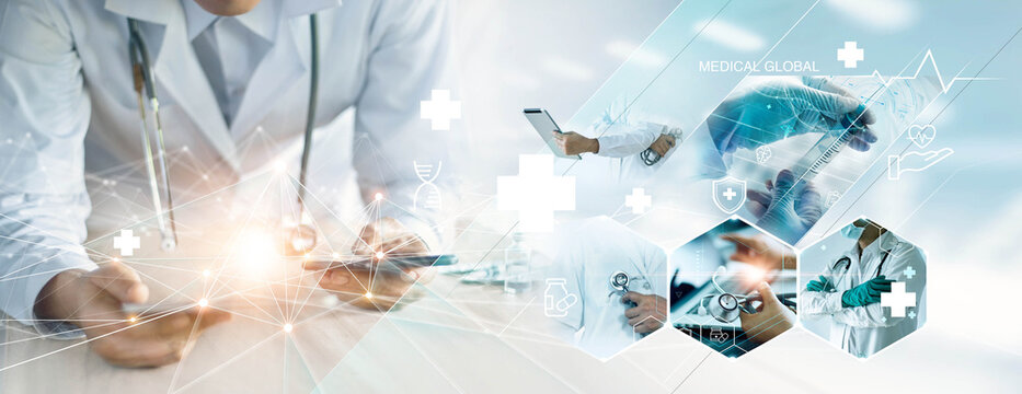 Healthcare and medical doctor working with professional team, nursing assistant,laboratory research and development. Medical network, Medical technology service to solve people health,Medical business