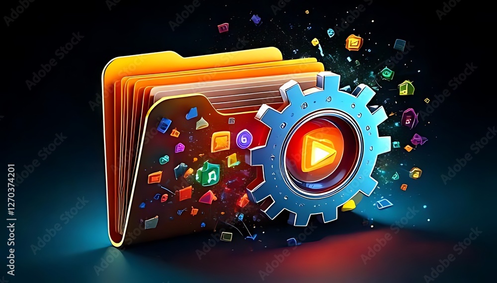 Poster a folder spills data and icons, next to a glowing play button cog.