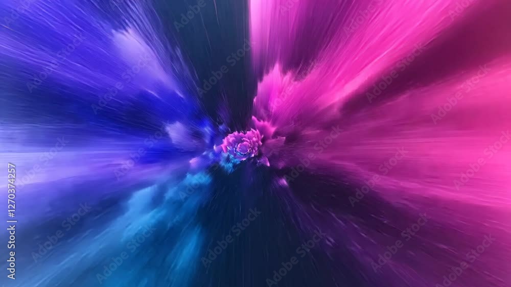 Poster vivid 3d particle explosion in dynamic burst of blue and pink on black background for modern abstrac
