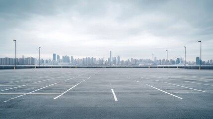 A spacious automotive plaza under a soft twilight sky with a glowing skyline. Featuring balance and elegance