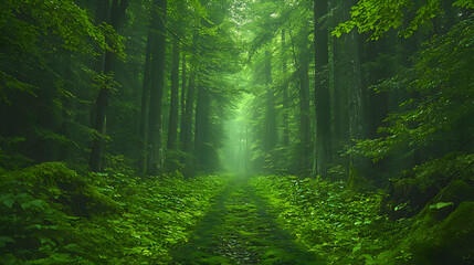 Obraz premium Misty forest path, lush greenery, tranquil scene, nature wallpaper