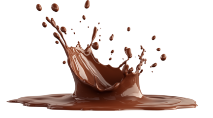 Splashes of milk chocolate, isolated on white background, created with Generative AI technology, PNG