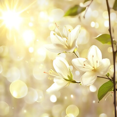 Beautiful white flowers glistening in soft sunlight with bokeh.