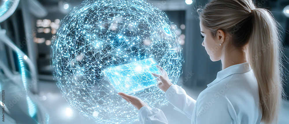 Poster exploring digital innovation a scientist analyzes data laboratory technology visualization high-tech