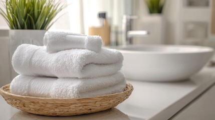 A cozy bathroom scene featuring neatly arranged white towels in a woven basket beside a sleek bowl sink, adorned with green plants for a fresh feel.