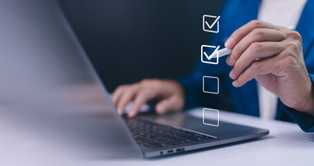 Businessman tick correct mark to approve document iso checklist icon.checkmark quality management...