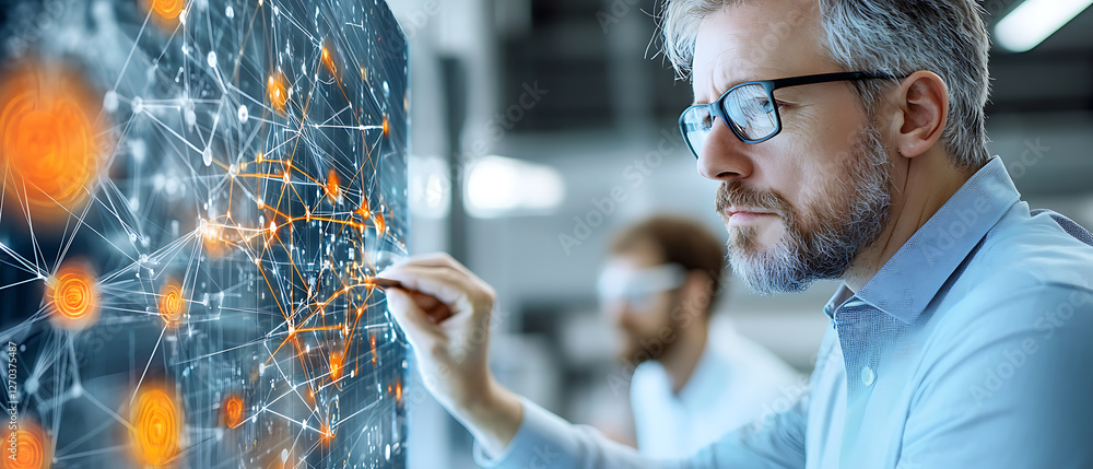 Poster data visualization action modern office digital art tech environment close-up view innovation concep